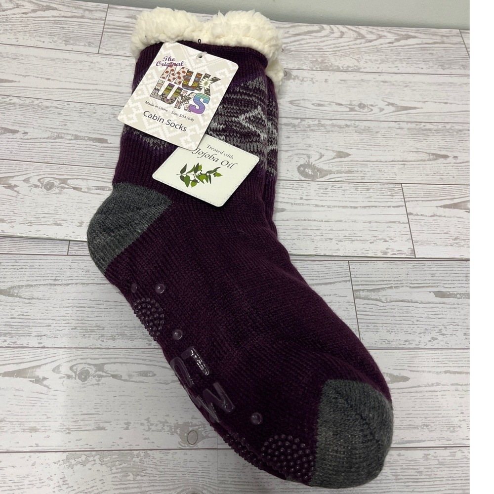 Muk Luks Cabin Socks‎ Plum Purple Grey Fair Isle Sherpa Lined Jojoba Oil NWT S/M